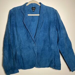 Eileen Fisher Mock Denim Organic Irish Linen Blazer White Contrasting Stitching,